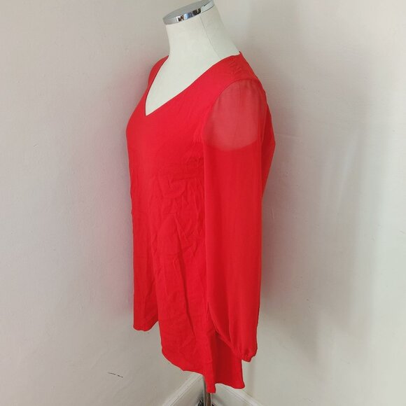 Express Red V Neck Tunic Blouse Sheer Sleeves women's Size‎ XS - Picture 4 of 4